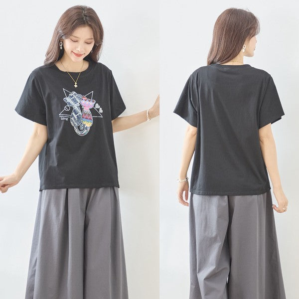 ラインストーン 猫 モチーフ デコ Tシャツ 半袖 ゆったり 体型カバー L-LL