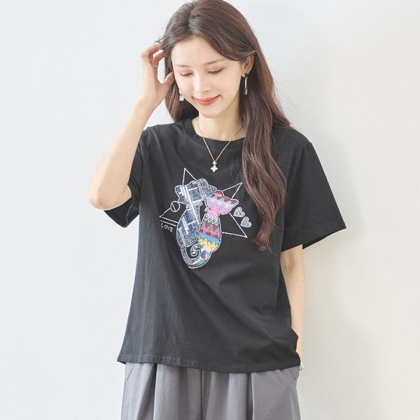 ラインストーン 猫 モチーフ デコ Tシャツ 半袖 ゆったり 体型カバー L-LL