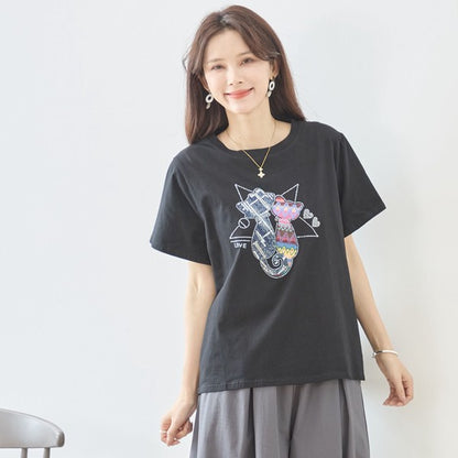 ラインストーン 猫 モチーフ デコ Tシャツ 半袖 ゆったり 体型カバー L-LL