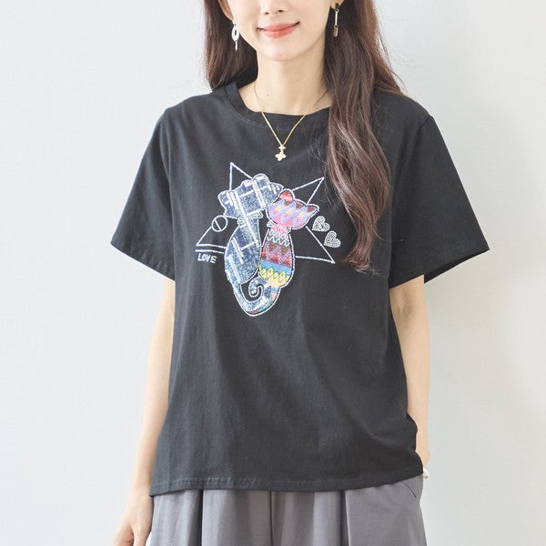 ラインストーン 猫 モチーフ デコ Tシャツ 半袖 ゆったり 体型カバー L-LL