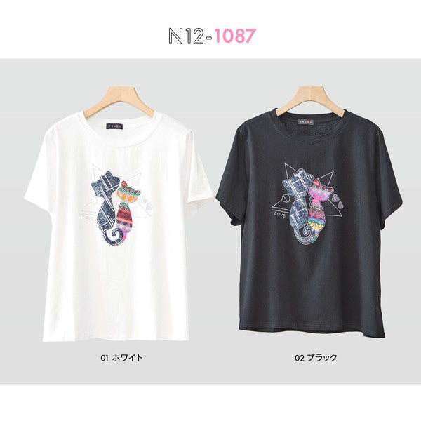 ラインストーン 猫 モチーフ デコ Tシャツ 半袖 ゆったり 体型カバー L-LL