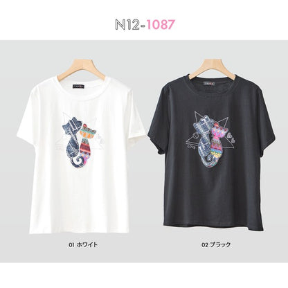 ラインストーン 猫 モチーフ デコ Tシャツ 半袖 ゆったり 体型カバー L-LL