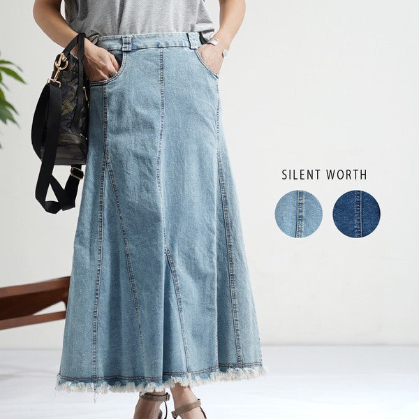 ヴィンテージ ブルー デニム フレア スカート 裾フリンジ M ロング マキシ 綿100