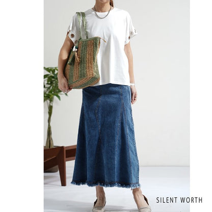 ヴィンテージ ブルー デニム フレア スカート 裾フリンジ M ロング マキシ 綿100