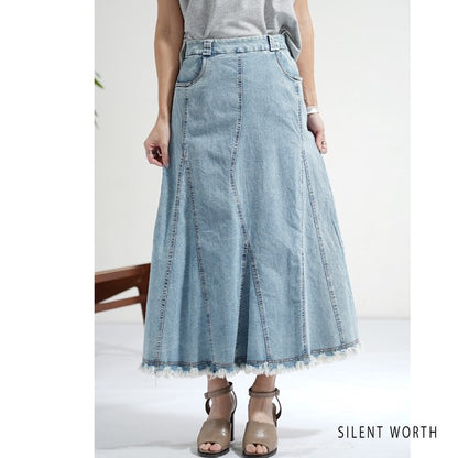 ヴィンテージ ブルー デニム フレア スカート 裾フリンジ M ロング マキシ 綿100