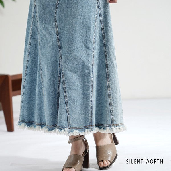 ヴィンテージ ブルー デニム フレア スカート 裾フリンジ M ロング マキシ 綿100