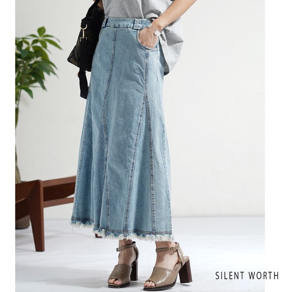 ヴィンテージ ブルー デニム フレア スカート 裾フリンジ M ロング マキシ 綿100