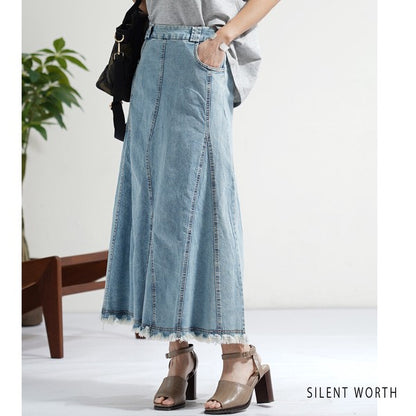 ヴィンテージ ブルー デニム フレア スカート 裾フリンジ M ロング マキシ 綿100