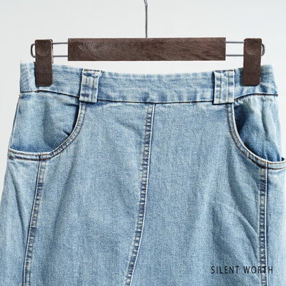 ヴィンテージ ブルー デニム フレア スカート 裾フリンジ M ロング マキシ 綿100