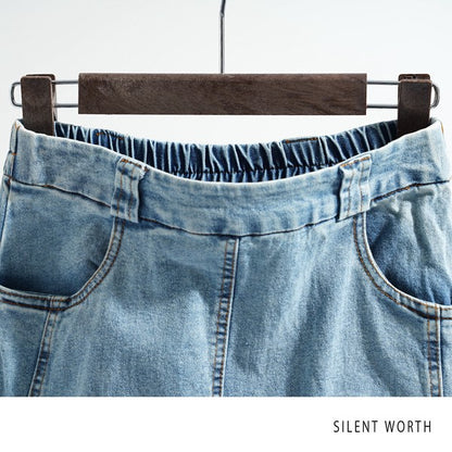 ヴィンテージ ブルー デニム フレア スカート 裾フリンジ M ロング マキシ 綿100