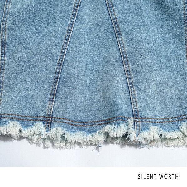 ヴィンテージ ブルー デニム フレア スカート 裾フリンジ M ロング マキシ 綿100