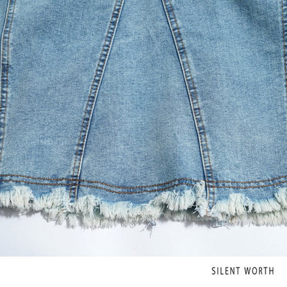 ヴィンテージ ブルー デニム フレア スカート 裾フリンジ M ロング マキシ 綿100