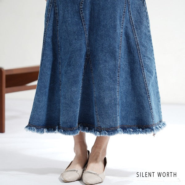 ヴィンテージ ブルー デニム フレア スカート 裾フリンジ M ロング マキシ 綿100