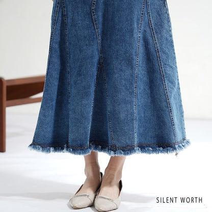 ヴィンテージ ブルー デニム フレア スカート 裾フリンジ M ロング マキシ 綿100