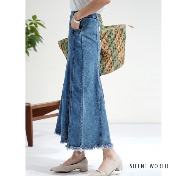 ヴィンテージ ブルー デニム フレア スカート 裾フリンジ M ロング マキシ 綿100