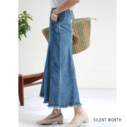 ヴィンテージ ブルー デニム フレア スカート 裾フリンジ M ロング マキシ 綿100