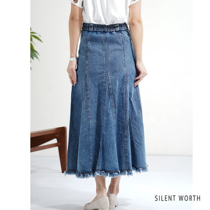 ヴィンテージ ブルー デニム フレア スカート 裾フリンジ M ロング マキシ 綿100