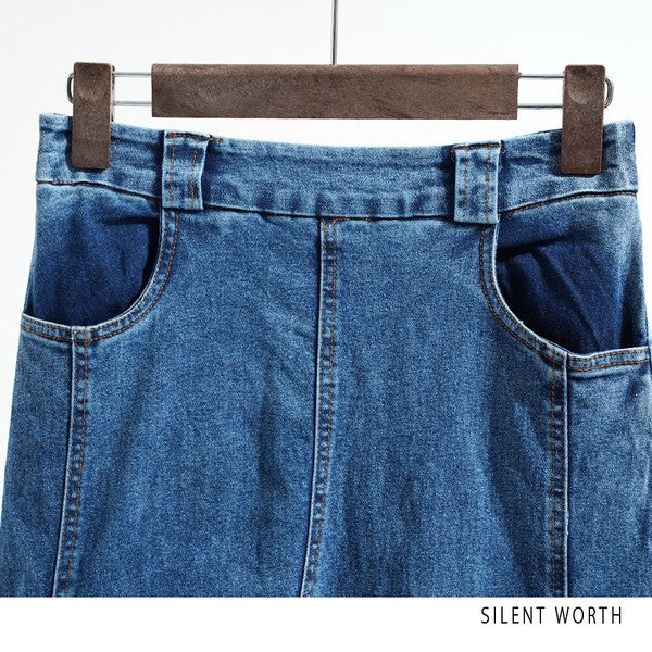 ヴィンテージ ブルー デニム フレア スカート 裾フリンジ M ロング マキシ 綿100