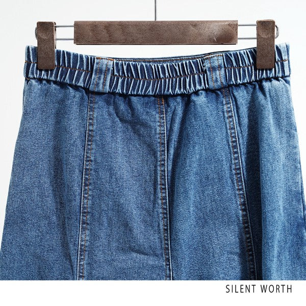 ヴィンテージ ブルー デニム フレア スカート 裾フリンジ M ロング マキシ 綿100