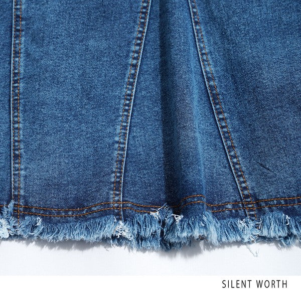 ヴィンテージ ブルー デニム フレア スカート 裾フリンジ M ロング マキシ 綿100