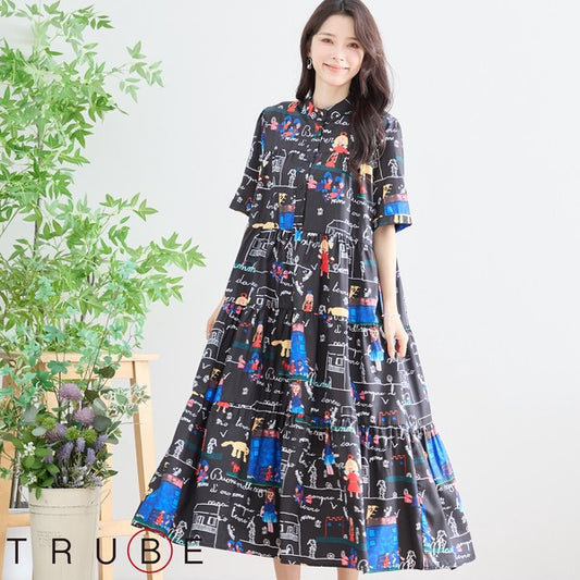 ポップ柄プリント ティアードワンピース ロング丈 半袖 体型カバー L〜LL