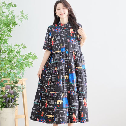 ポップ柄プリント ティアードワンピース ロング丈 半袖 体型カバー L〜LL