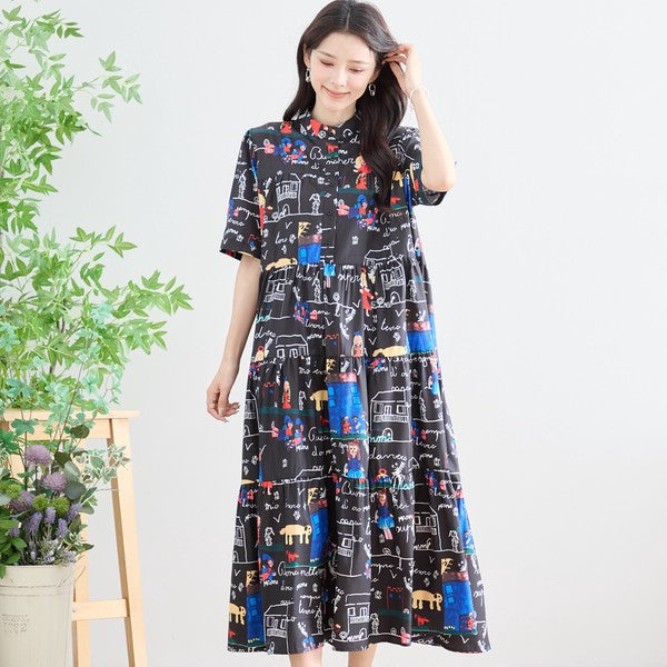 ポップ柄プリント ティアードワンピース ロング丈 半袖 体型カバー L〜LL