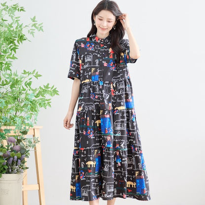 ポップ柄プリント ティアードワンピース ロング丈 半袖 体型カバー L〜LL