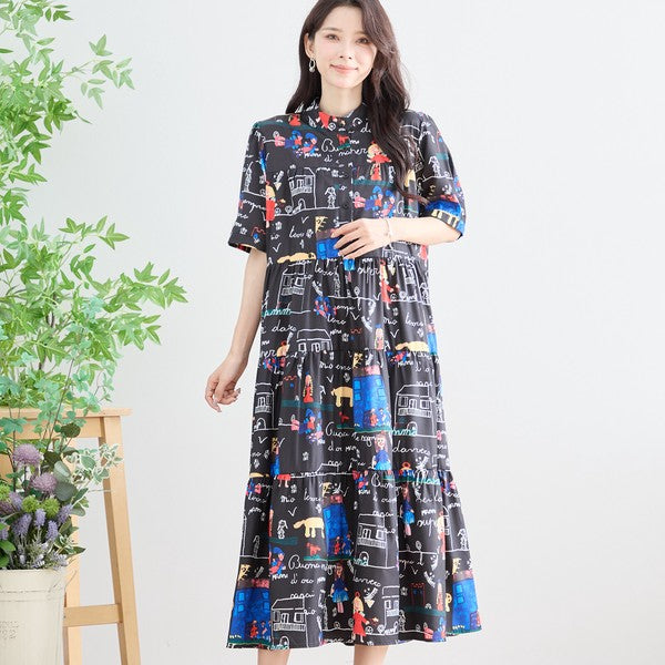ポップ柄プリント ティアードワンピース ロング丈 半袖 体型カバー L〜LL