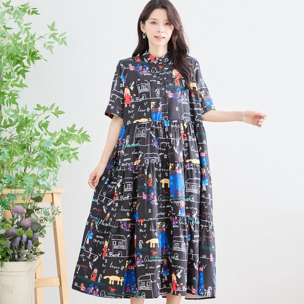 ポップ柄プリント ティアードワンピース ロング丈 半袖 体型カバー L〜LL