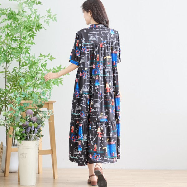 ポップ柄プリント ティアードワンピース ロング丈 半袖 体型カバー L〜LL