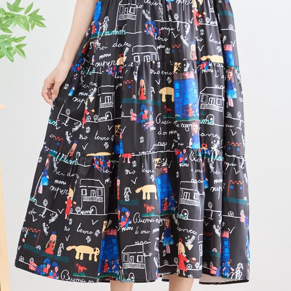 ポップ柄プリント ティアードワンピース ロング丈 半袖 体型カバー L〜LL