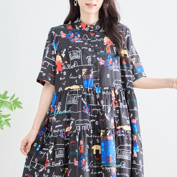 ポップ柄プリント ティアードワンピース ロング丈 半袖 体型カバー L〜LL