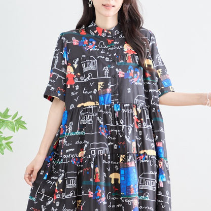 ポップ柄プリント ティアードワンピース ロング丈 半袖 体型カバー L〜LL