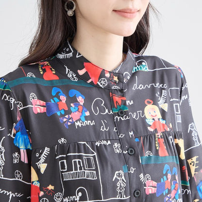 ポップ柄プリント ティアードワンピース ロング丈 半袖 体型カバー L〜LL