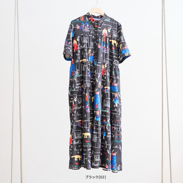 ポップ柄プリント ティアードワンピース ロング丈 半袖 体型カバー L〜LL