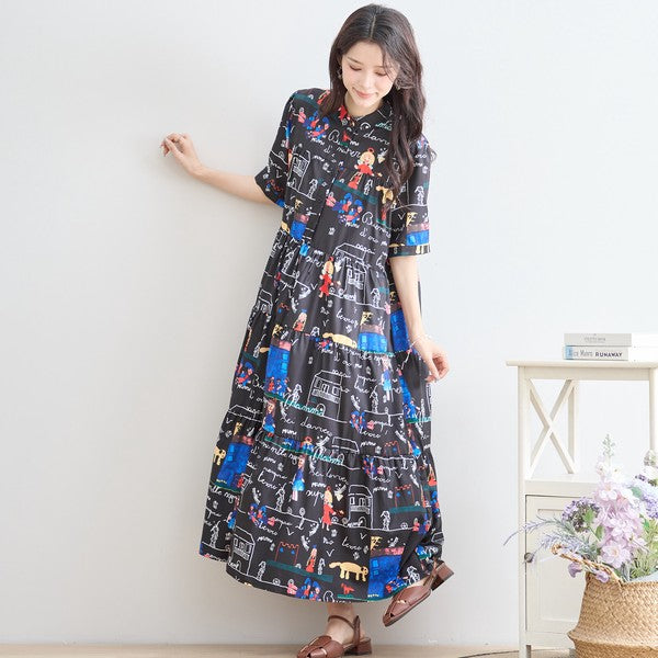 切り替えデザインが美しいティアードスカートの裾部分とポップな総柄