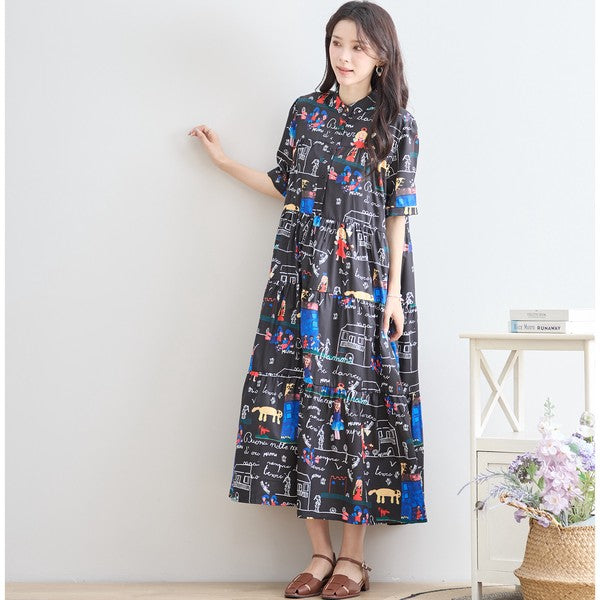 遊び心のあるイラストが散りばめられた大人のカジュアルロングワンピース（