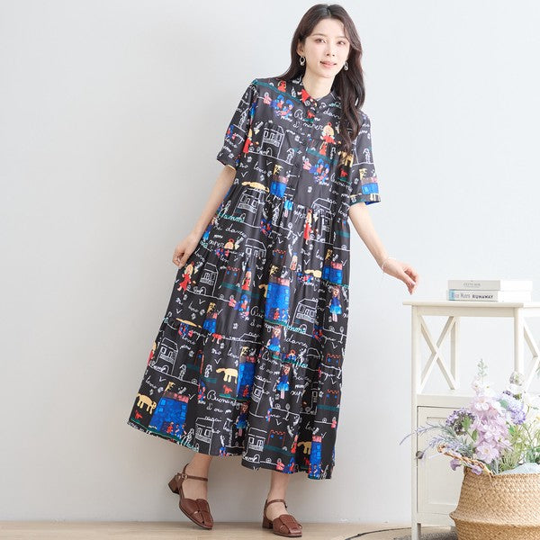 柔らかい素材感とカラフルなプリントが特徴のポップ柄ティアードワンピ