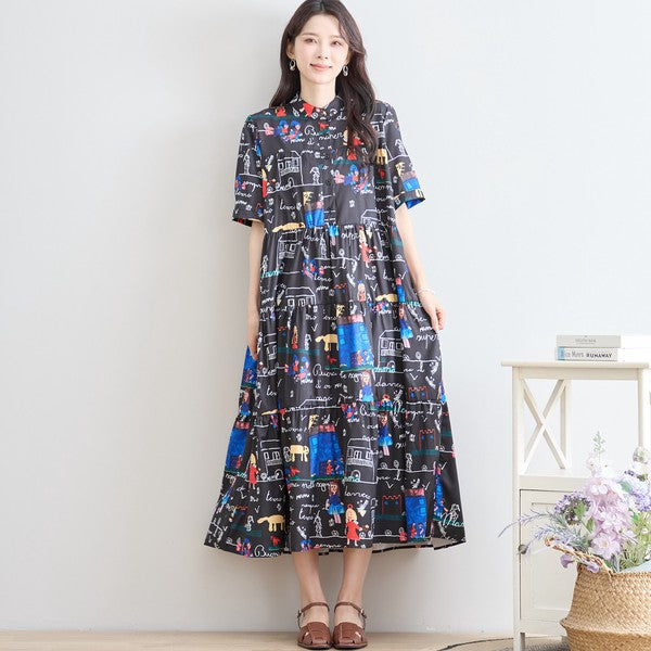 ポップ柄プリント ティアードワンピース ロング丈 半袖 体型カバー L〜LL