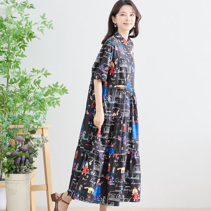 ポップ柄プリント ティアードワンピース ロング丈 半袖 体型カバー L〜LL