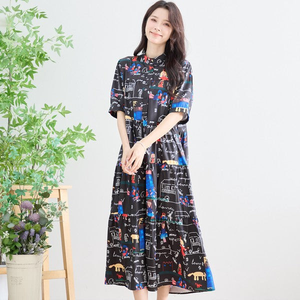 ポップ柄プリント ティアードワンピース ロング丈 半袖 体型カバー L〜LL
