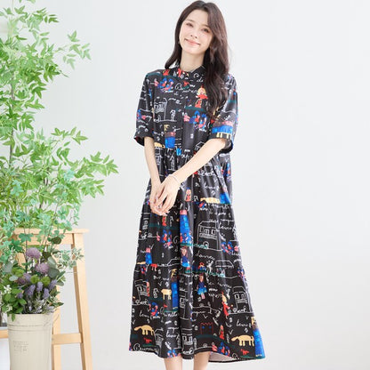 ポップ柄プリント ティアードワンピース ロング丈 半袖 体型カバー L〜LL