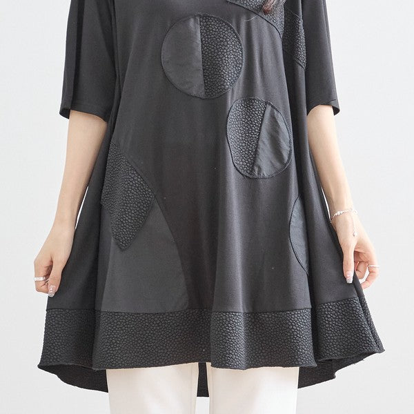 異素材 切替 ドット アート チュニック 半袖 ゆったり 体型カバー L-LL
