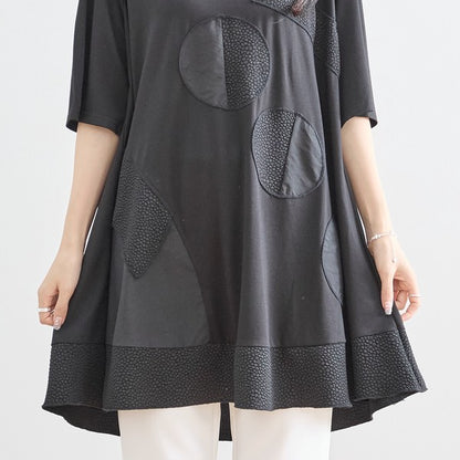異素材 切替 ドット アート チュニック 半袖 ゆったり 体型カバー L-LL