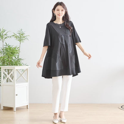 異素材 切替 ドット アート チュニック 半袖 ゆったり 体型カバー L-LL