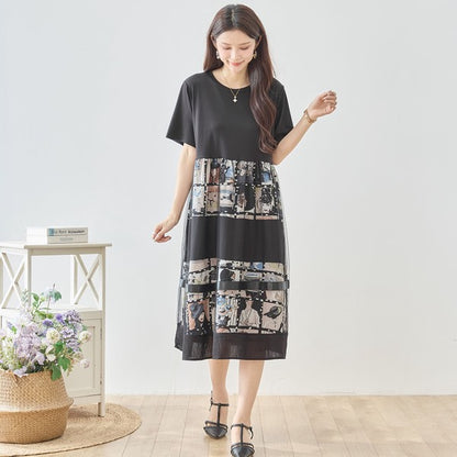 シネマ フォトコラージュ チュール 切替 ワンピース 半袖 ミモレ丈 体型カバー M-L