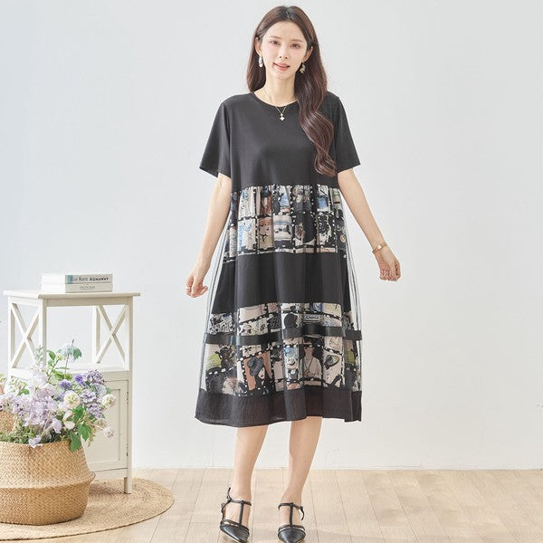 シネマ フォトコラージュ チュール 切替 ワンピース 半袖 ミモレ丈 体型カバー M-L
