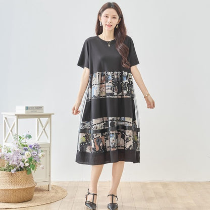 シネマ フォトコラージュ チュール 切替 ワンピース 半袖 ミモレ丈 体型カバー M-L