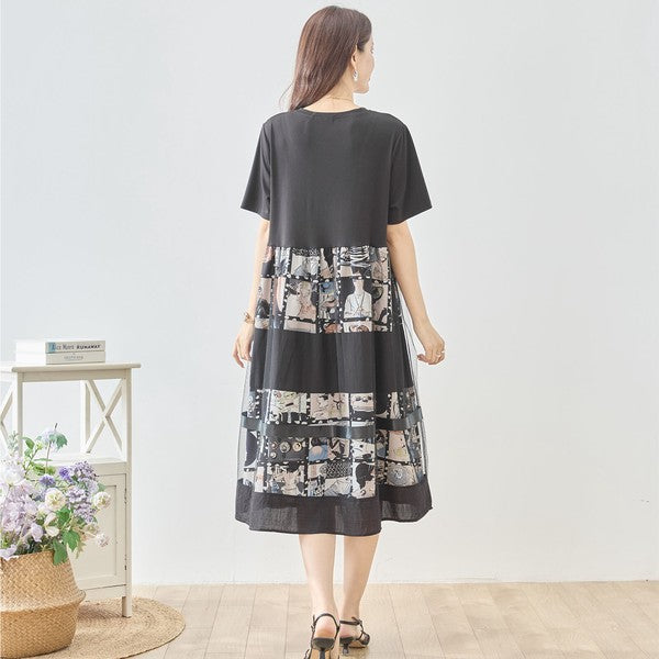 シネマ フォトコラージュ チュール 切替 ワンピース 半袖 ミモレ丈 体型カバー M-L